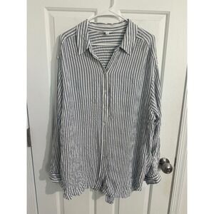 Jane + Delancey Women's 1X Striped Button-Down Shirt Blouse Blue White Rayon‎